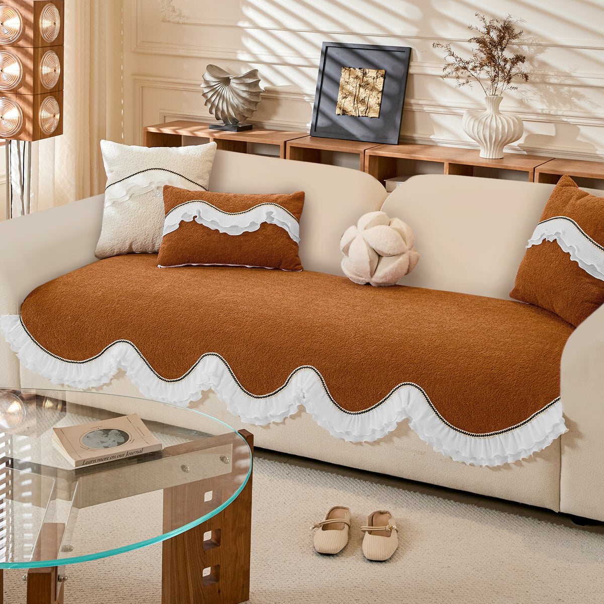French Classic Frill Wavy Sofa Cover Mat with Curve & Lace - Copper Orange