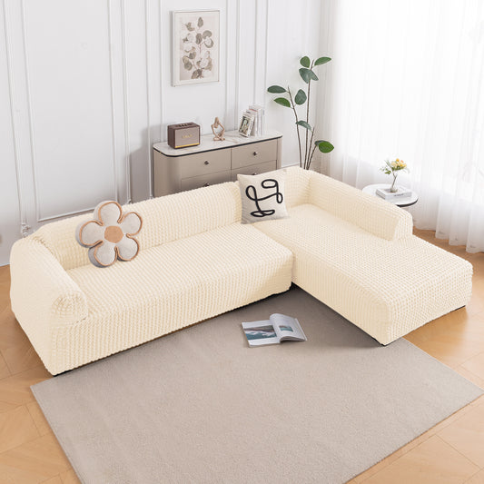 Aria Nova Bubble 2-Piece Stretchable L Shape Sofa Cover with Right Chaise, Light Cream