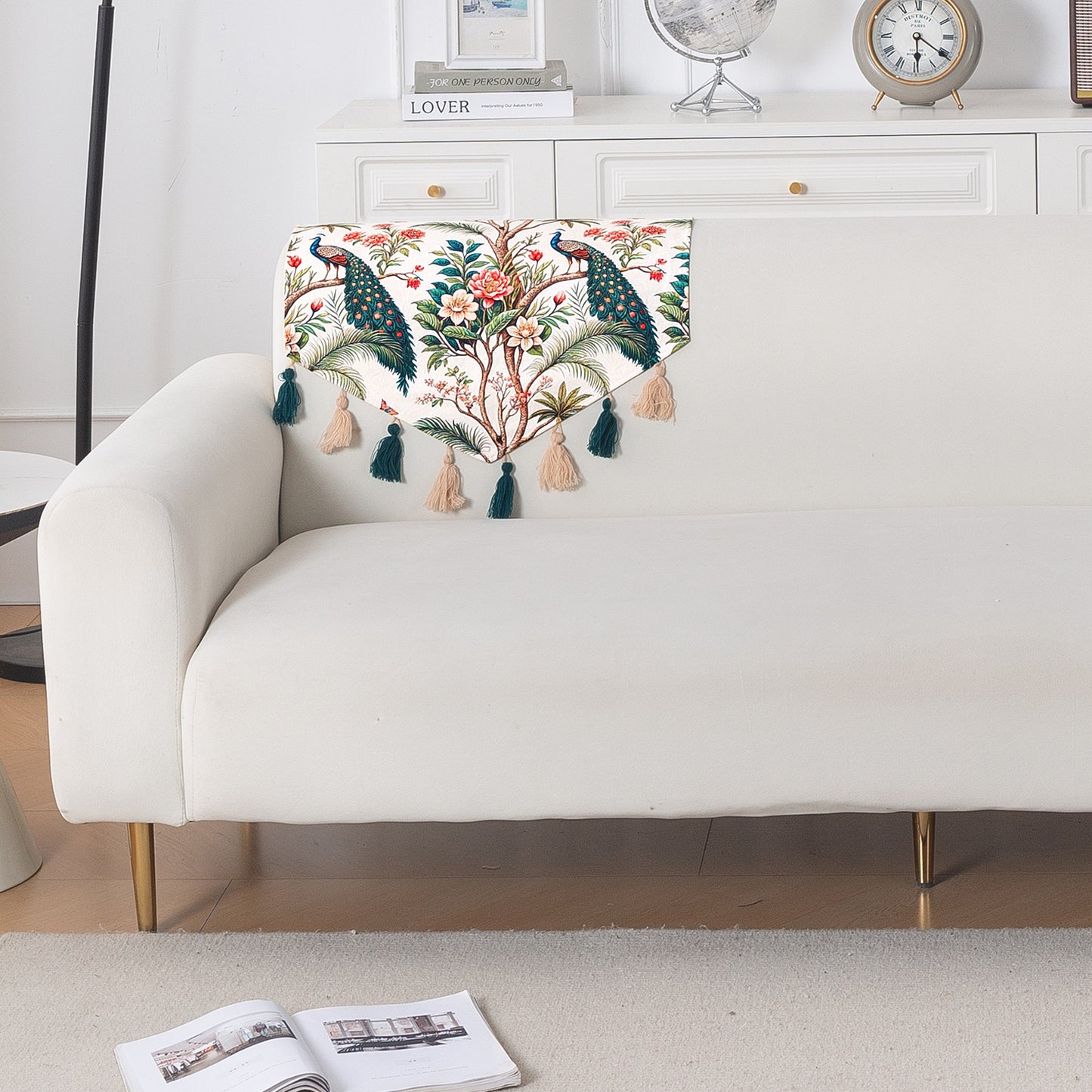 'Whispers of Nature' Series Holland Velvet Sofa Mat with Tassel, Multicolor Tropical Peacock