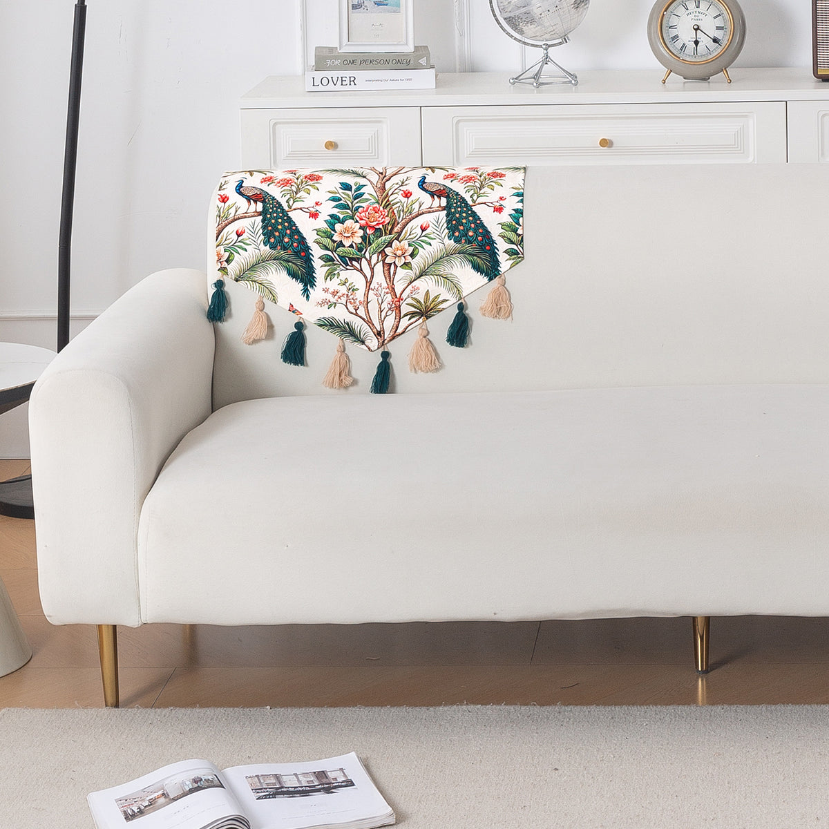 'Whispers of Nature' Series Holland Velvet Sofa Mat with Tassel, Multicolor Tropical Peacock
