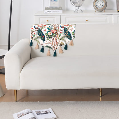'Whispers of Nature' Series Holland Velvet Sofa Mat with Tassel, Multicolor Tropical Peacock