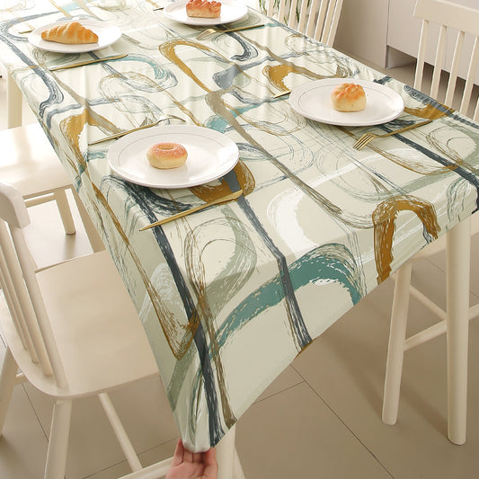 Printed Stretch Fit Water-Repellent & Anti-Slip Table Cloth Cover for 4 Seater / 6 Seater, Parchement Beige Abstract Art
