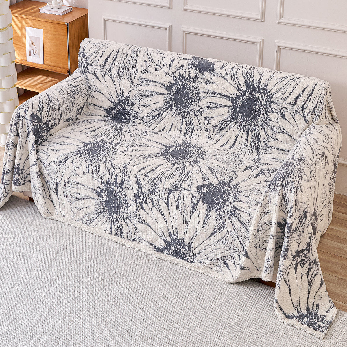 Buy Frost Grey Colour DaisyBloom Series Luxury Plush Sofa Throw for Complete Sofa | HOKIPO