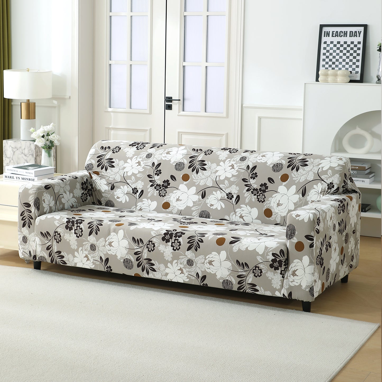 Feather Brown Floral Colour full fitted stretchable three seater sofa cover