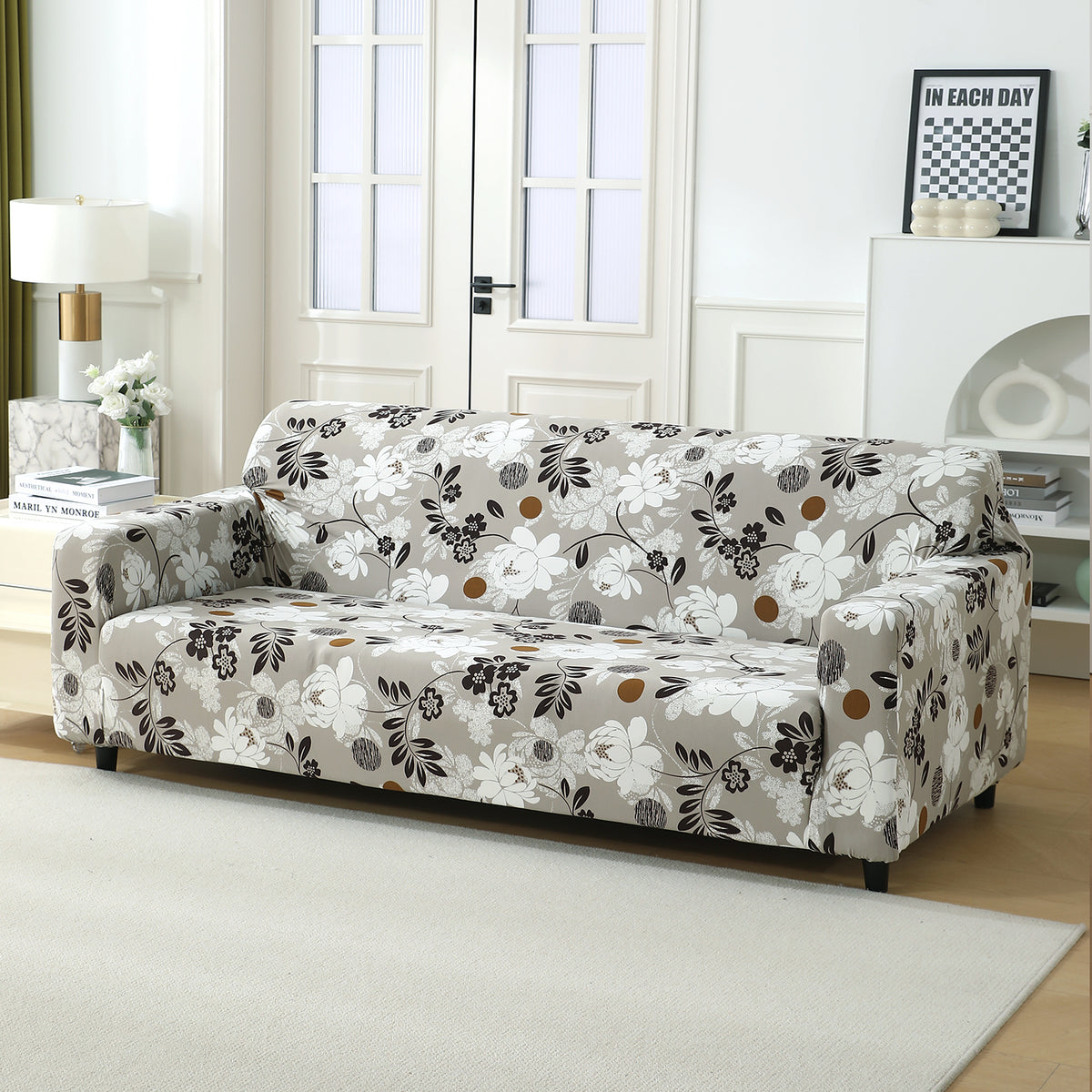 Feather Brown Floral Colour full fitted stretchable three seater sofa cover