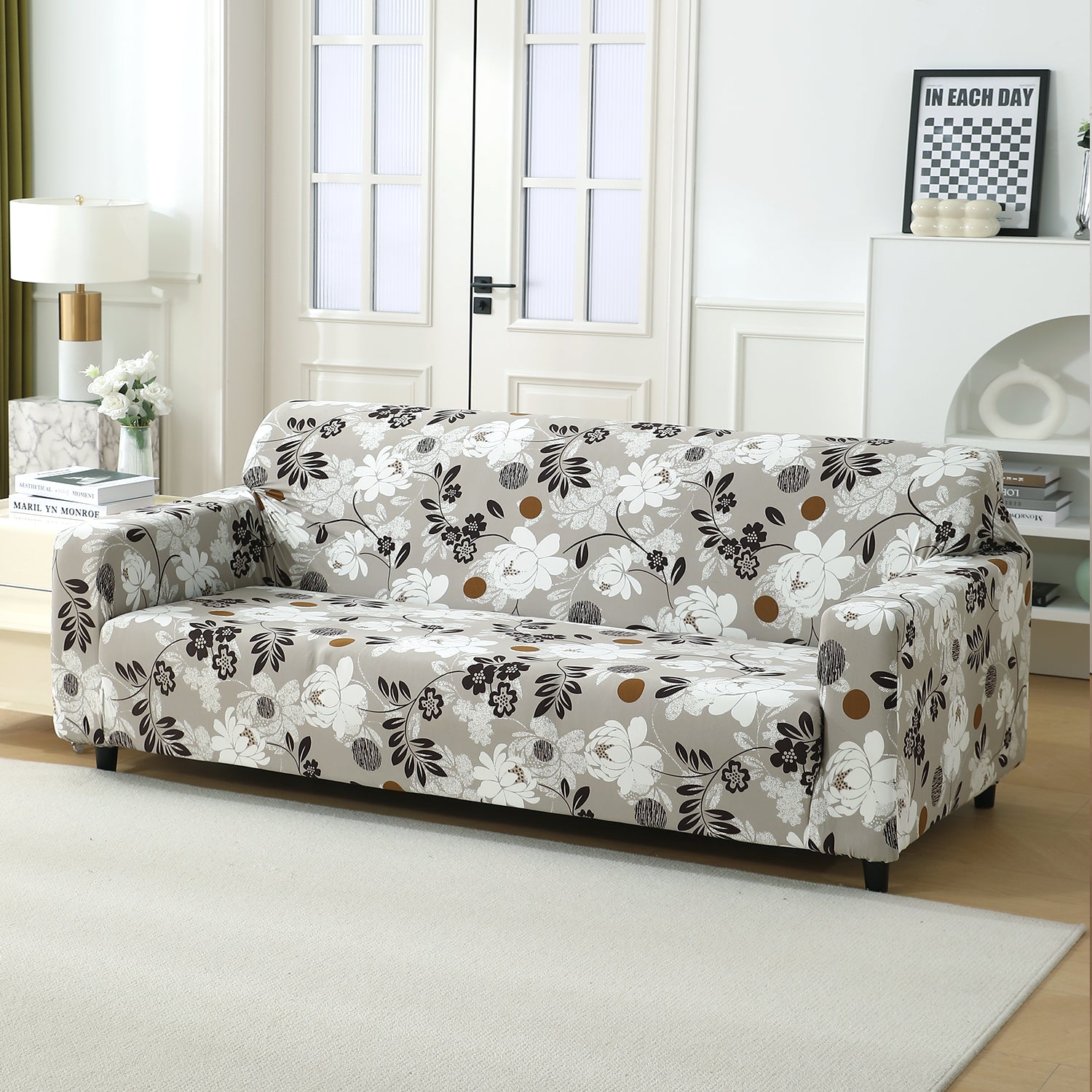 Feather Brown Floral Colour full fitted stretchable three seater sofa cover