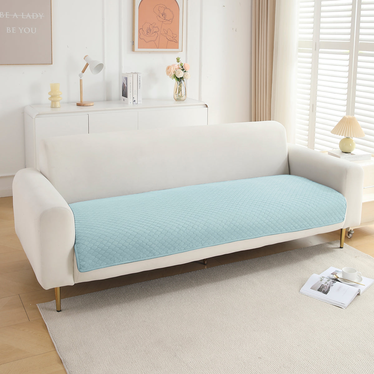 Polyester Quilted Sofa Cover Mats, Light Sky Blue