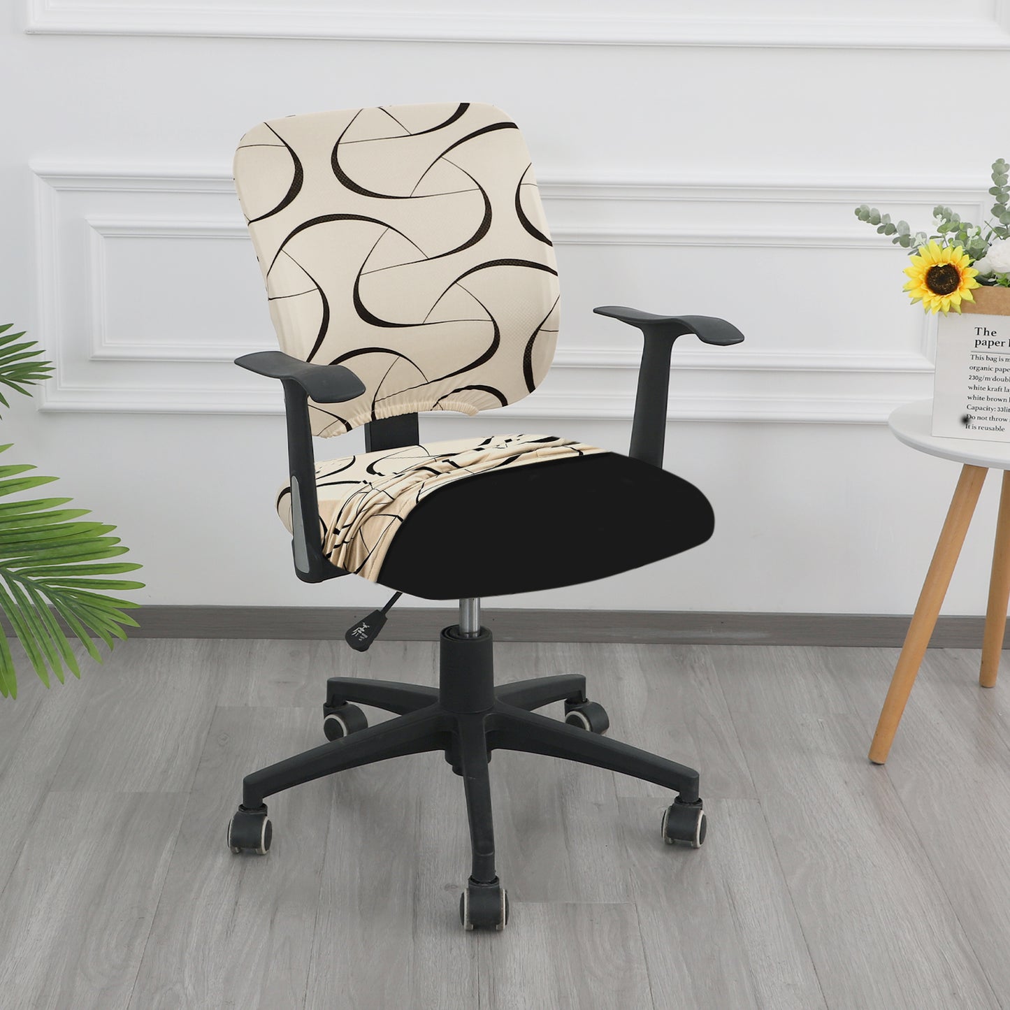 Printed Office Chair Cover for Task Chair – 140 GSM Stretchable Fabric – Washable & Anti-Slip – Fits Small Office Chairs Without Headrest, Natural Beige Abstract Art