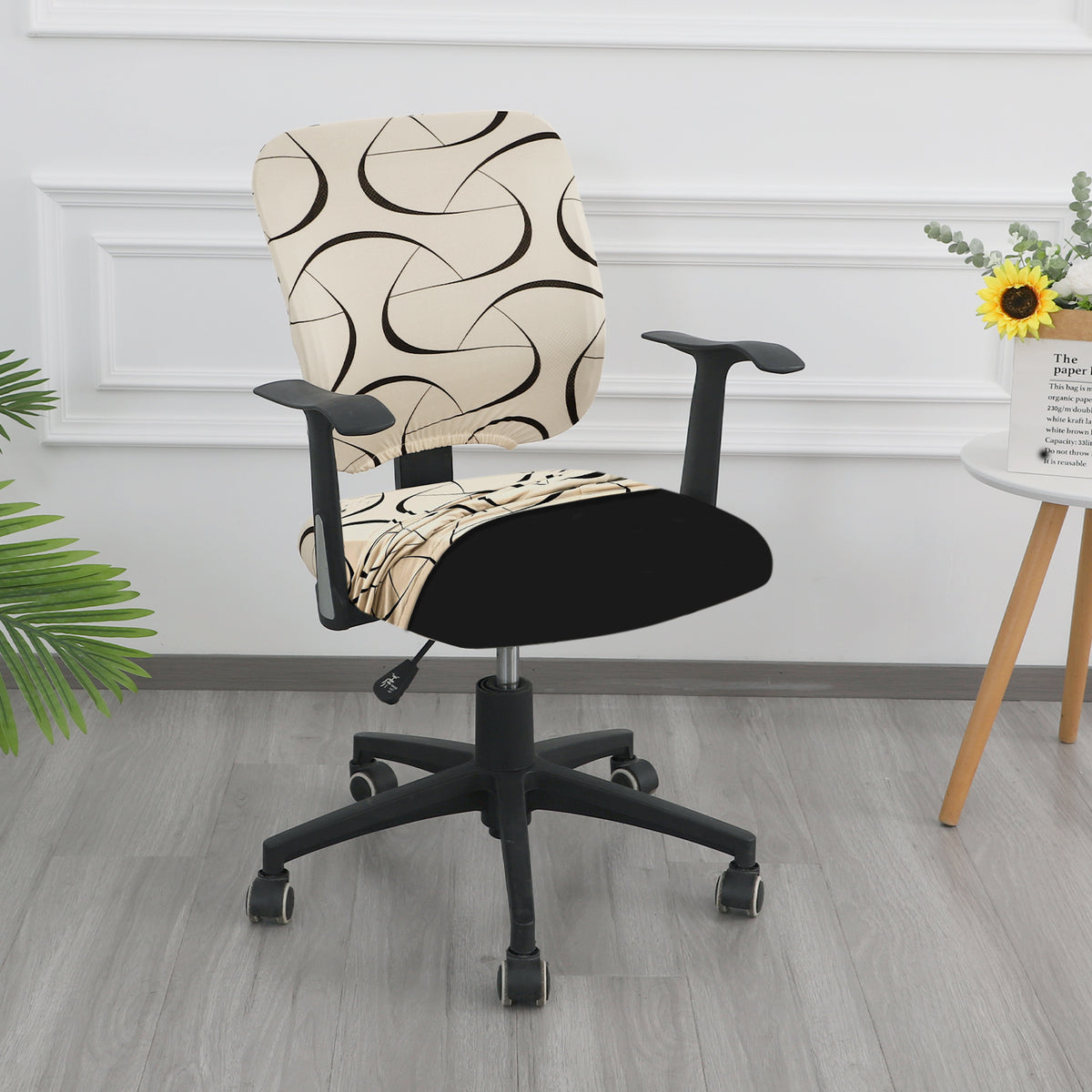 Printed Office Chair Cover for Task Chair – 140 GSM Stretchable Fabric – Washable & Anti-Slip – Fits Small Office Chairs Without Headrest, Natural Beige Abstract Art