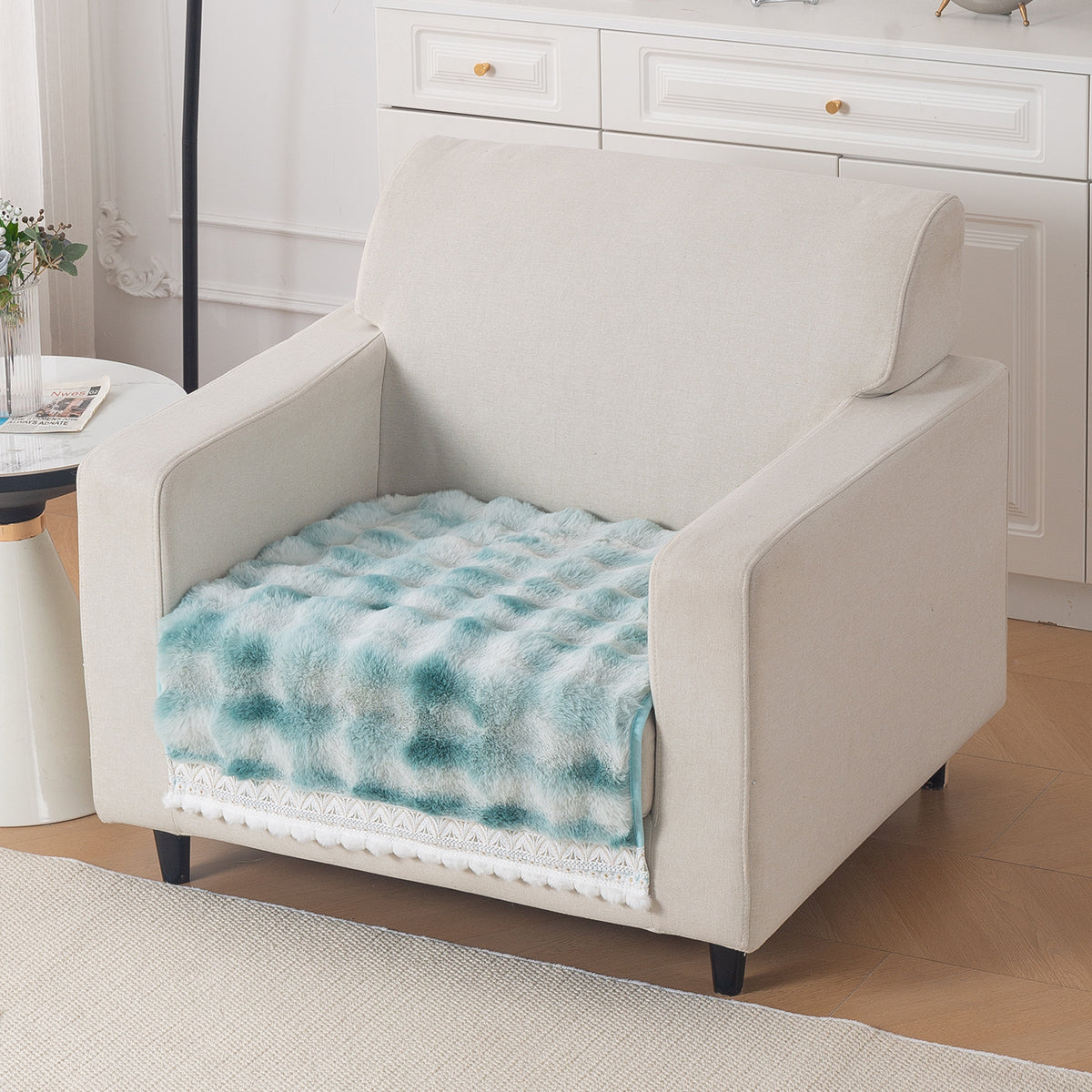 Faux Rabbit Fur Sofa Cover with Lace |Gradient Rabbit Plush, Green