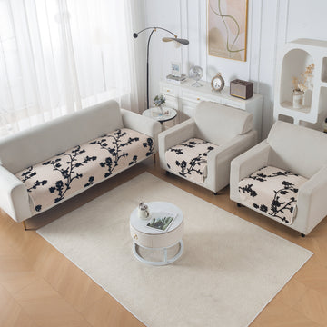 Luxury Plush Sherpa Anti Slip Combination Sofa Mat, 'Noirea Series'|Botanical Vine
