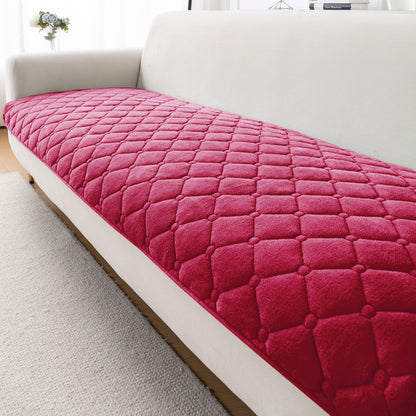 Diamond Tuft Plush Sofa Cover Mat, Raspberry Red