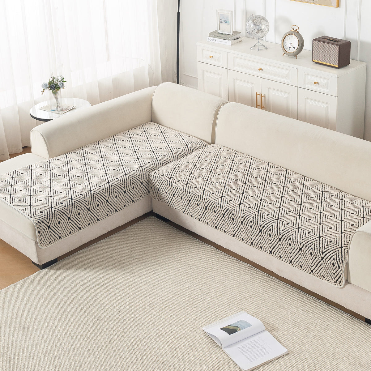 Luxury Plush Sherpa Anti Slip Combination Sofa Mat, 'Noirea Series'|Geometric Diamond