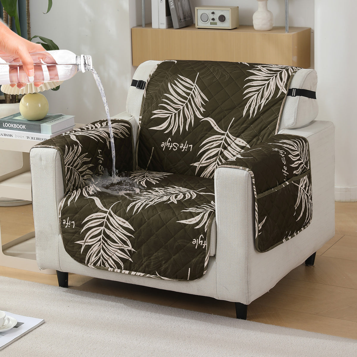 Quilted Waterproof Sofa Cover Mat with Pockets on Armrest Cover - Palm Leaves Olive