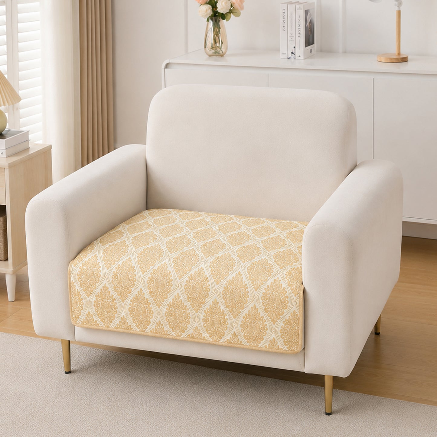 Polyester Printed Quilted Sofa Cover Mats, Ogee Ivory