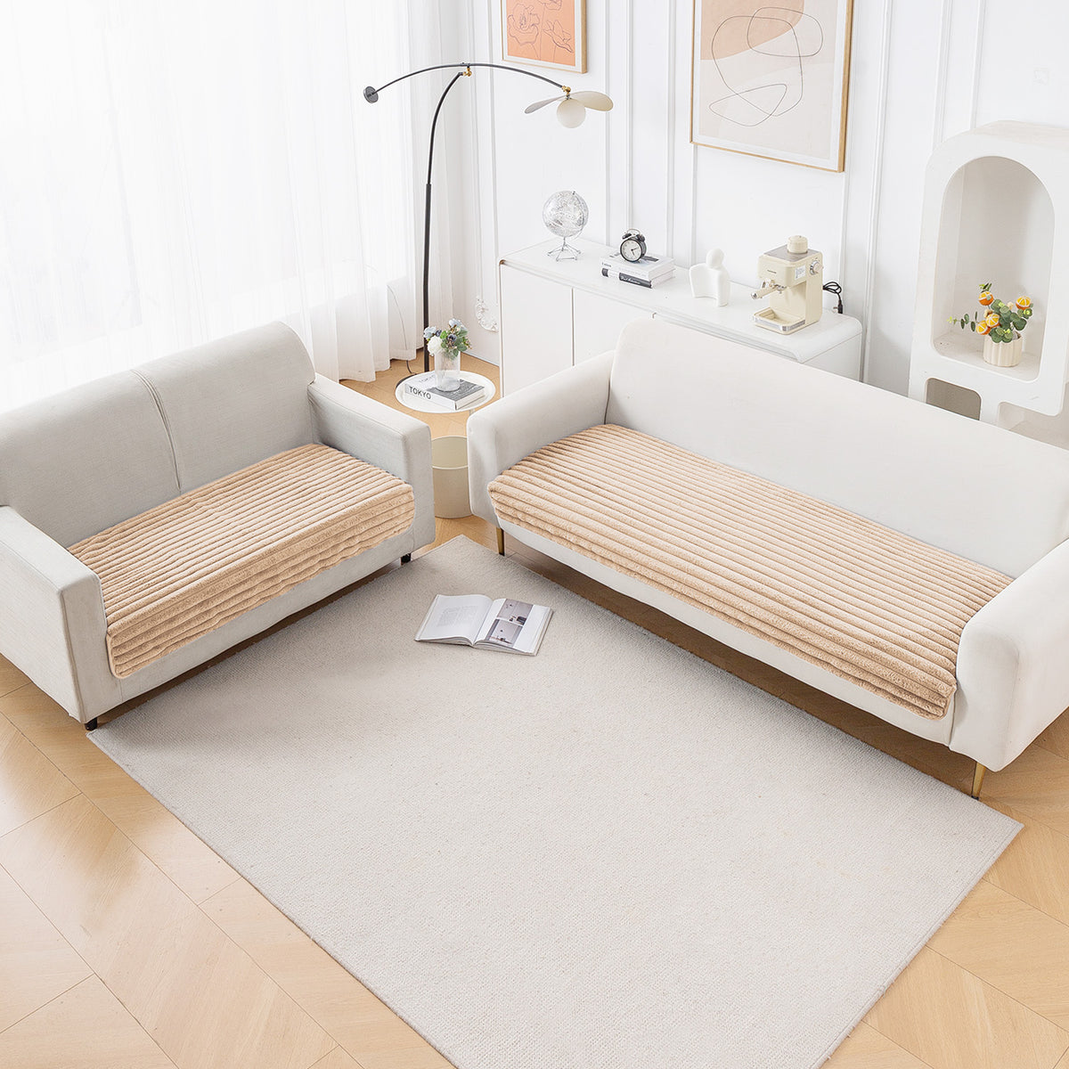 Faux Rabbit Fur Sofa Cover Combination Set, 'Snuggle Fur Series' Sand Brown