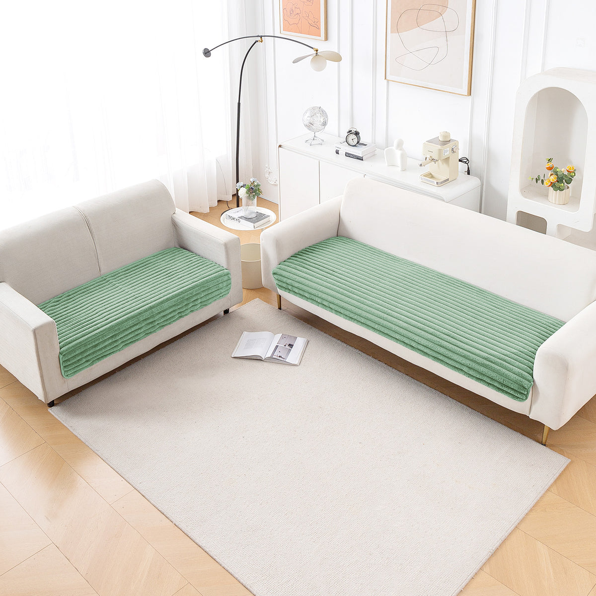 Faux Rabbit Fur Sofa Cover Combination Set, 'Snuggle Fur Series' Sage Green