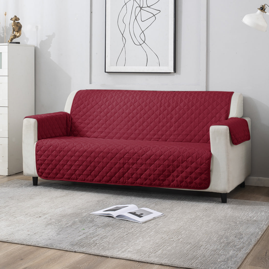 3 Seater Maroon Polyester quilted sofa cover