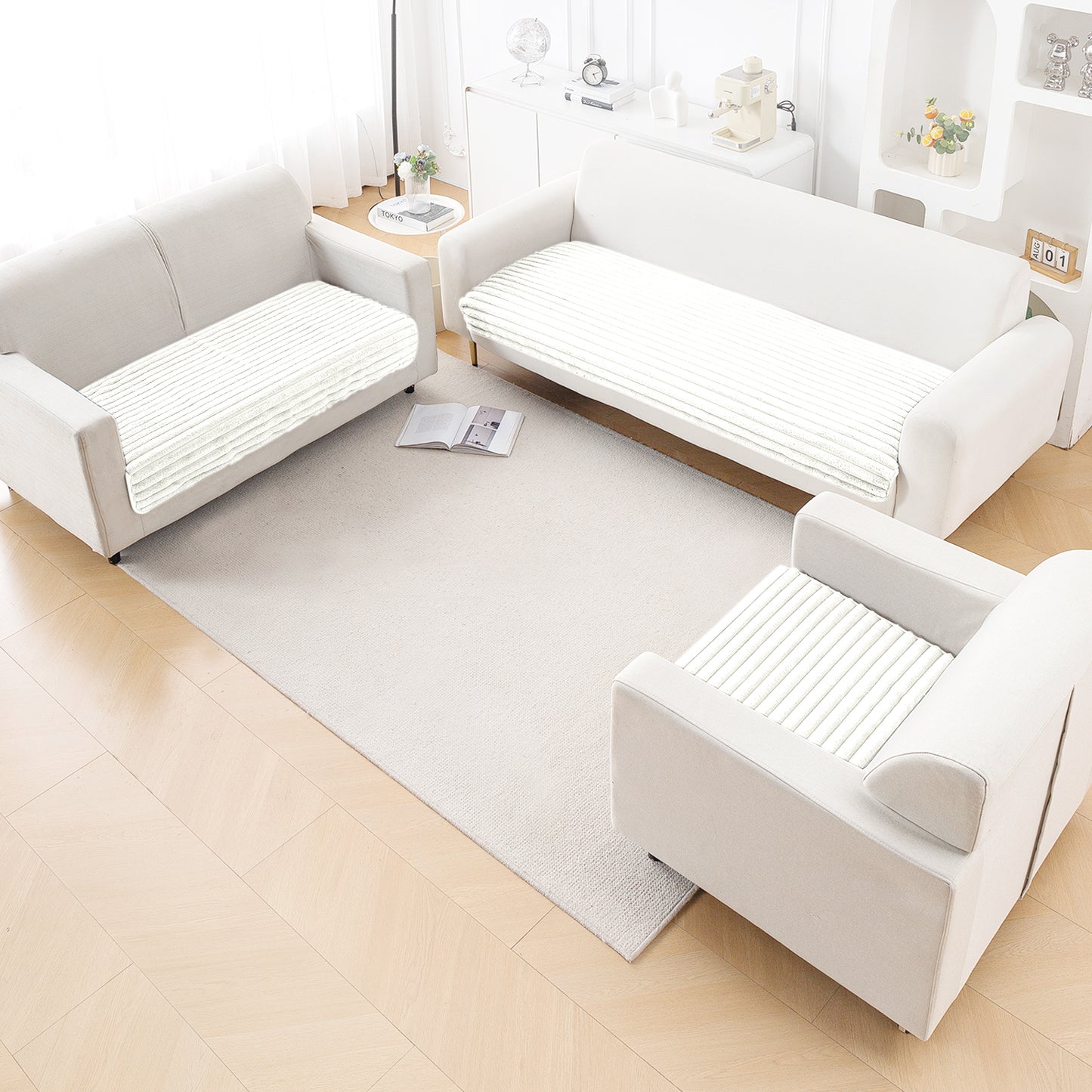 Faux Rabbit Fur Sofa Cover Combination Set, 'Snuggle Fur Series' Pearl White