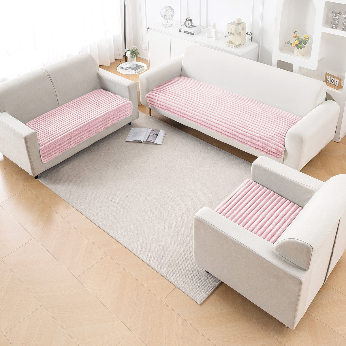 Faux Rabbit Fur Sofa Cover Combination Set, 'Snuggle Fur Series' Soft Pink