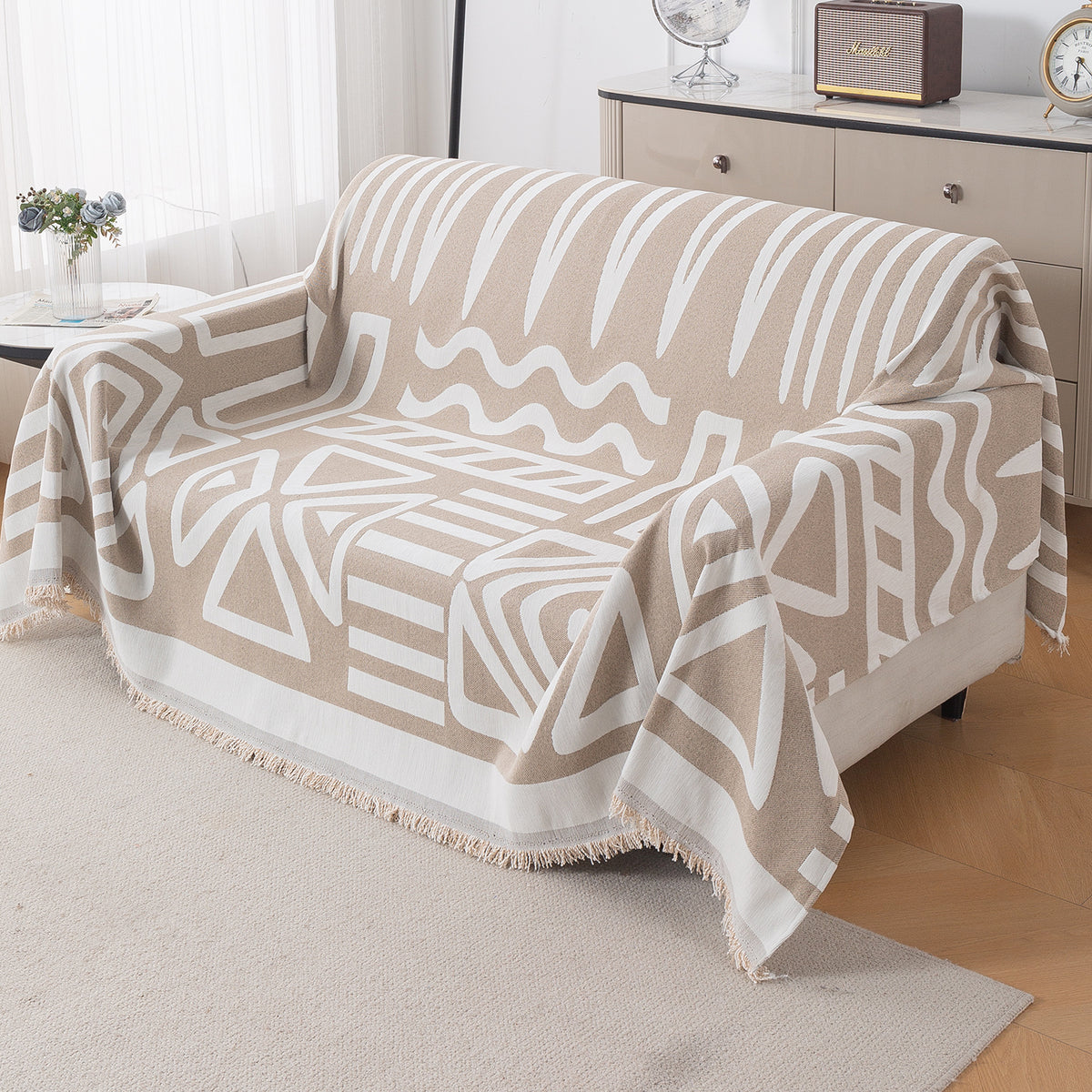 Buy Beige Colour Urban Tribe Chenille Two Seater Sofa Throw | HOKIPO