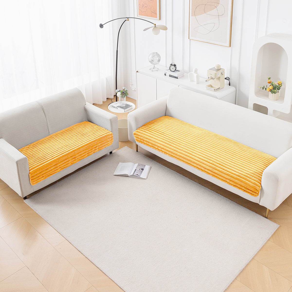 Faux Rabbit Fur Sofa Cover Combination Set, 'Snuggle Fur Series' Mustard Yellow