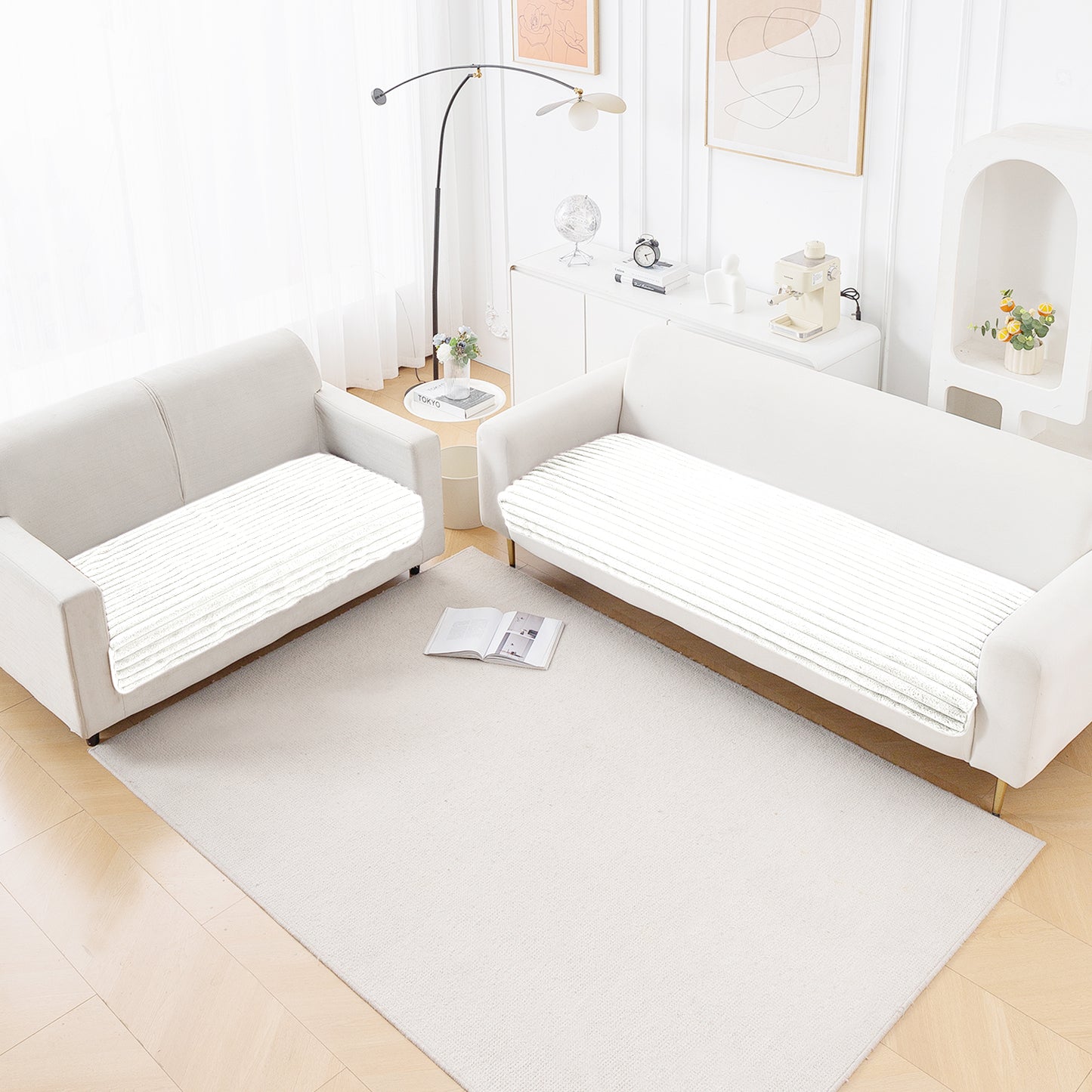 Faux Rabbit Fur Sofa Cover Combination Set, 'Snuggle Fur Series' Pearl White