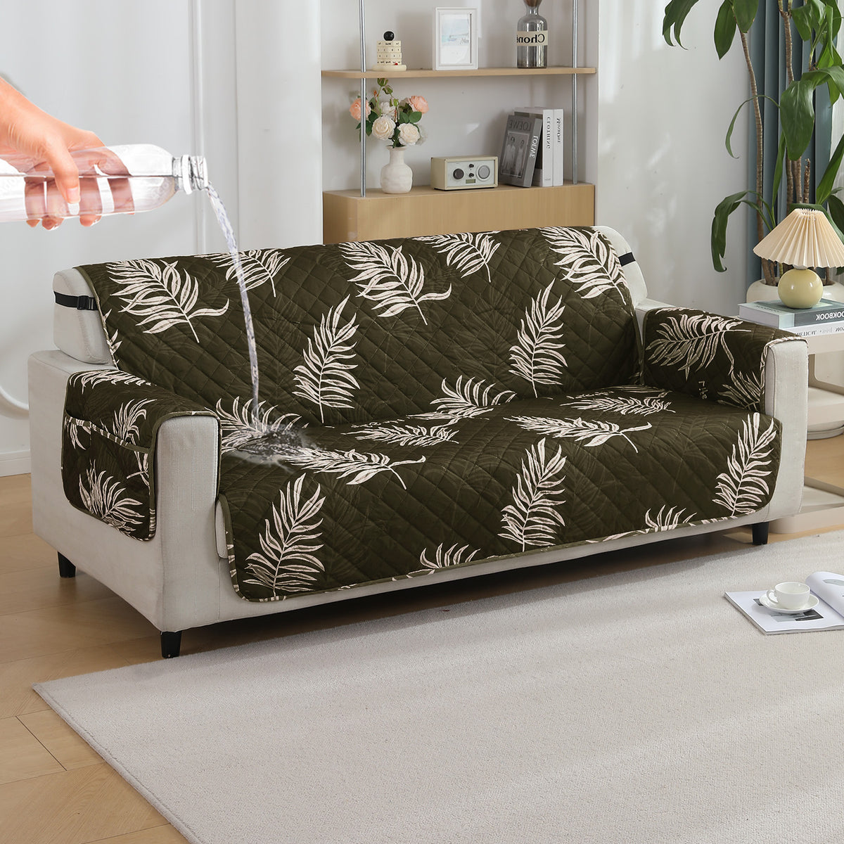 Quilted Waterproof Sofa Cover Mat with Pockets on Armrest Cover - Palm Leaves Olive