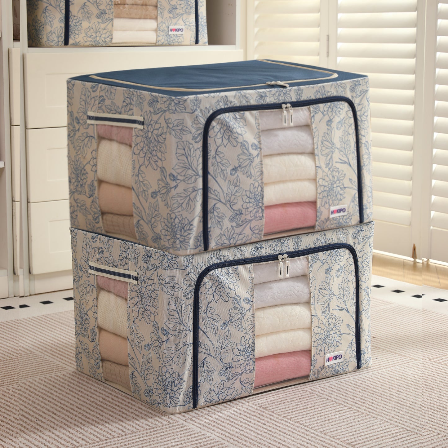 Foldable Cloth Storage Organizer for Wardrobe, Blue Blossom