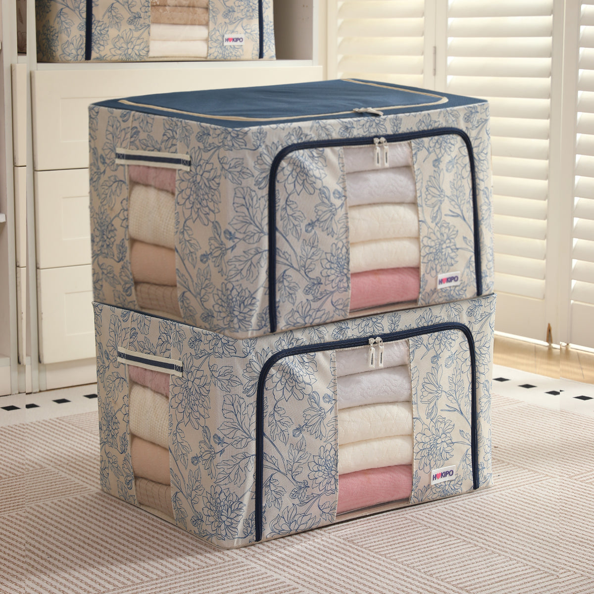 Foldable Cloth Storage Organizer for Wardrobe, Blue Blossom