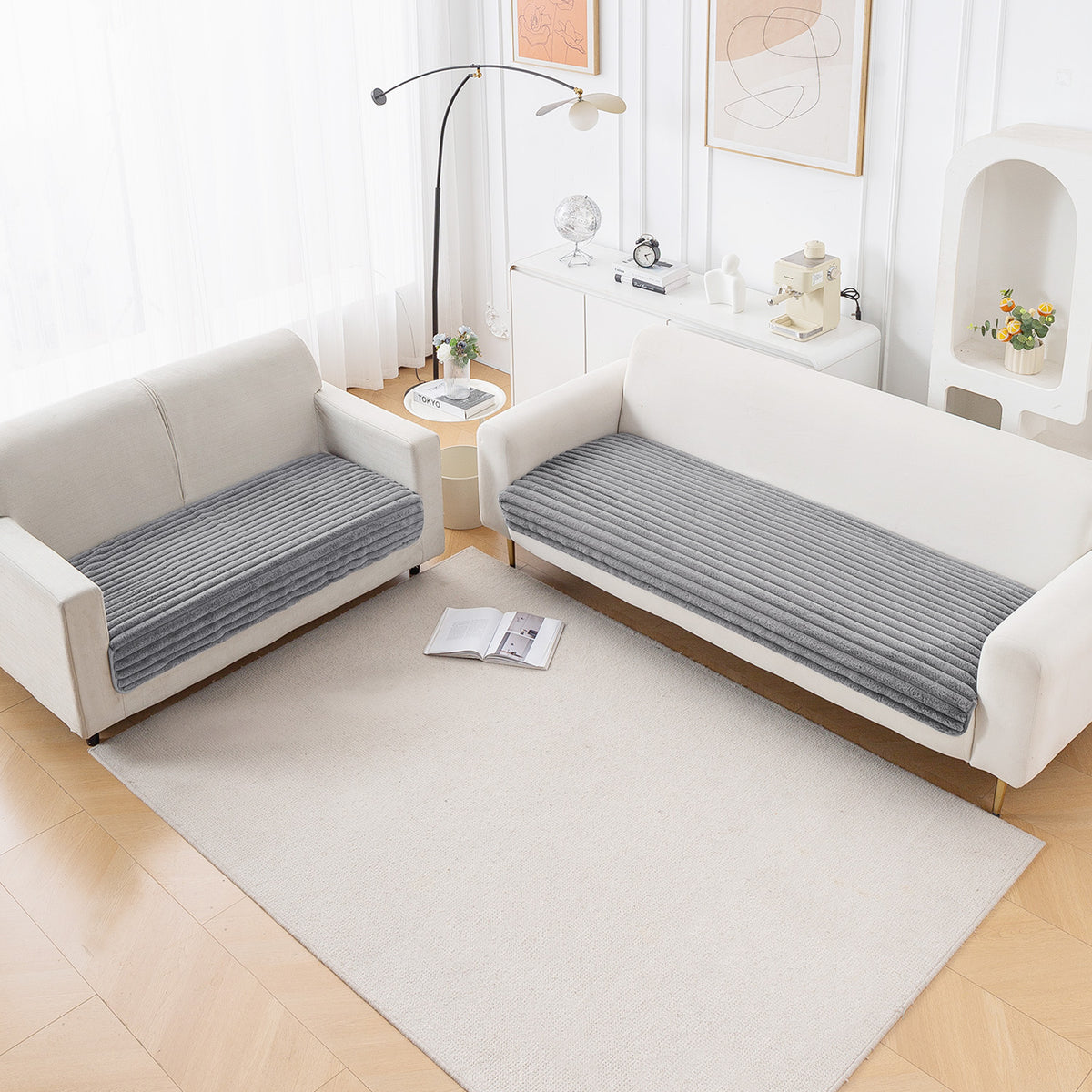 Faux Rabbit Fur Sofa Cover Combination Set, 'Snuggle Fur Series' Grey