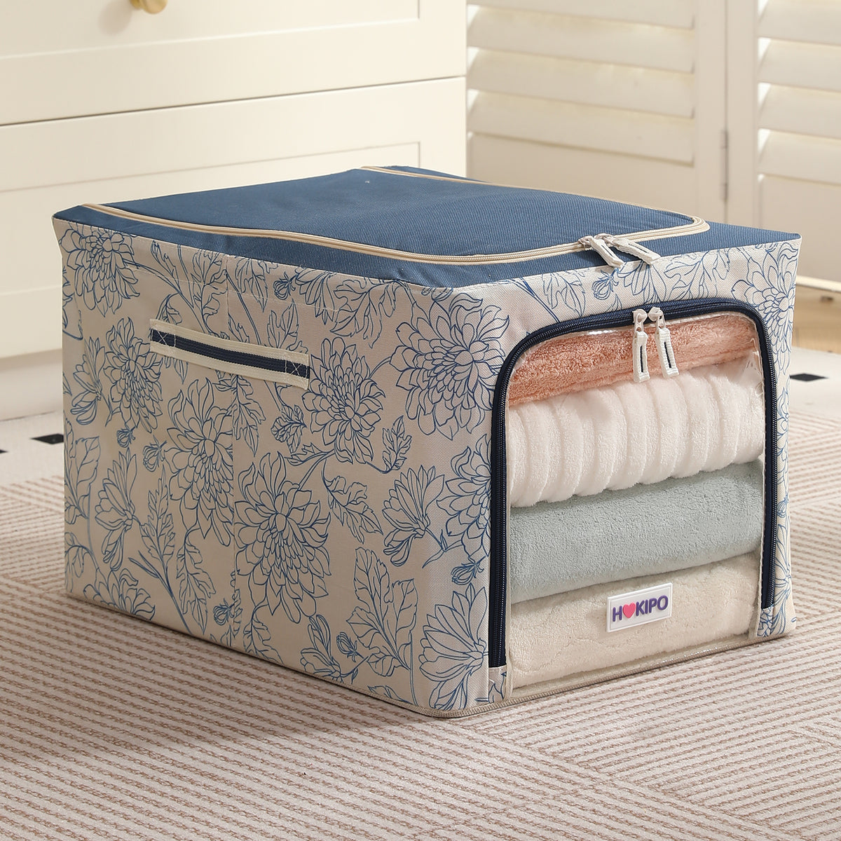 Foldable Cloth Storage Organizer for Wardrobe, Blue Blossom
