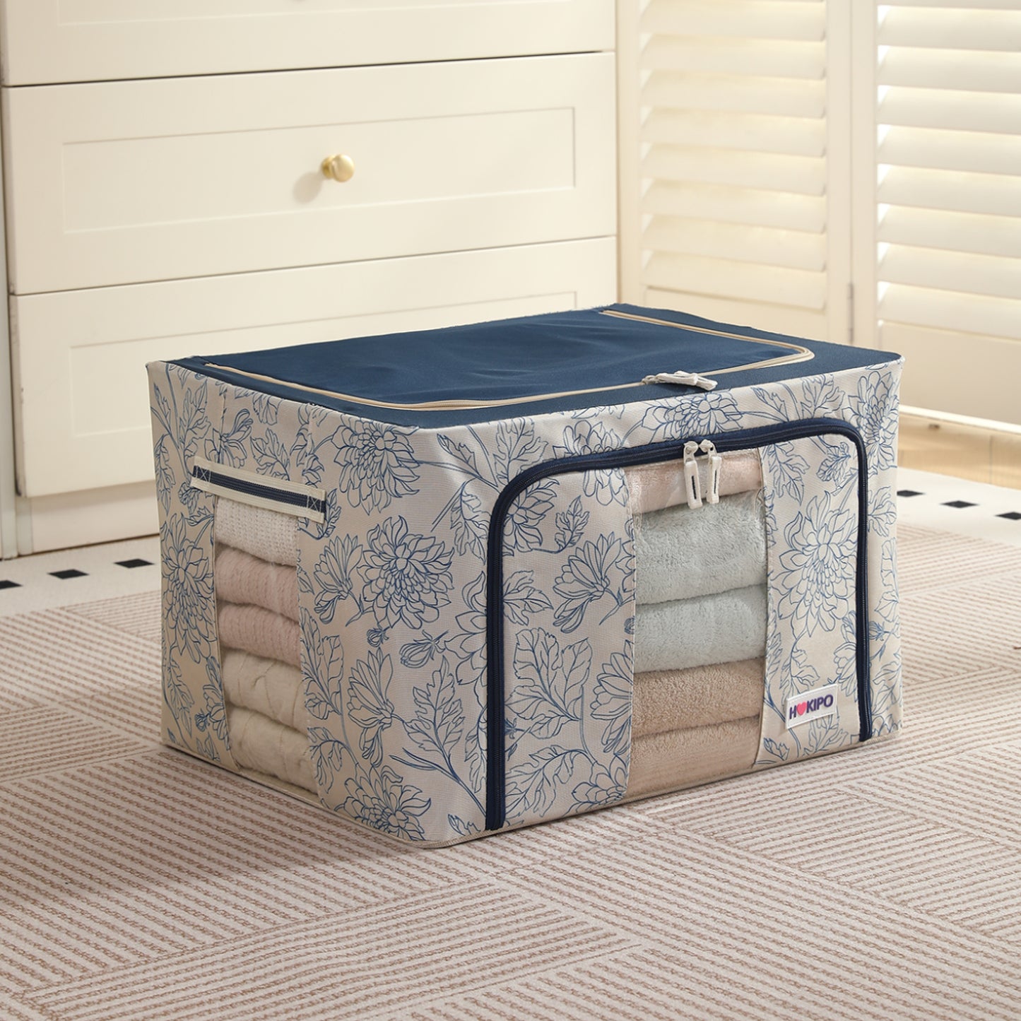 Foldable Cloth Storage Organizer for Wardrobe, Blue Blossom