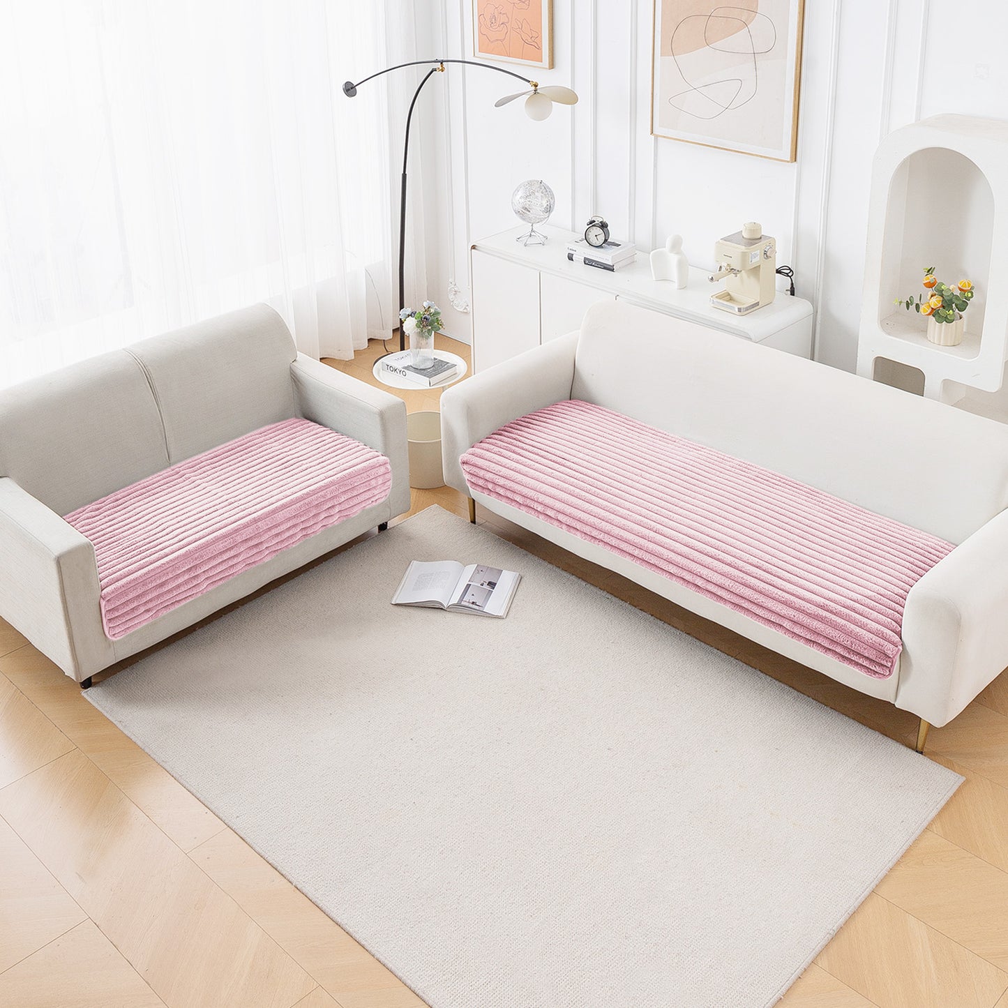 Faux Rabbit Fur Sofa Cover Combination Set, 'Snuggle Fur Series' Soft Pink