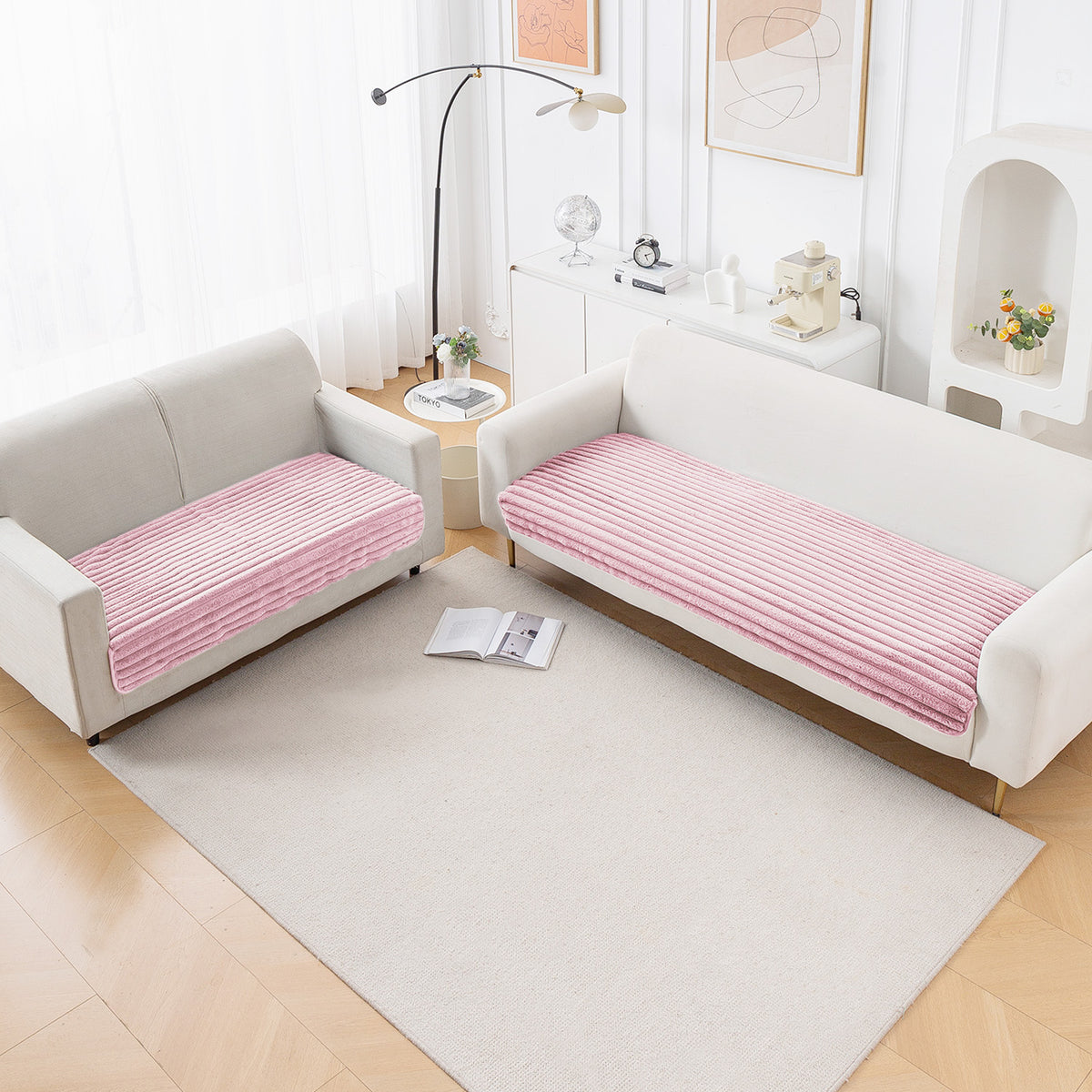 Faux Rabbit Fur Sofa Cover Combination Set, 'Snuggle Fur Series' Soft Pink