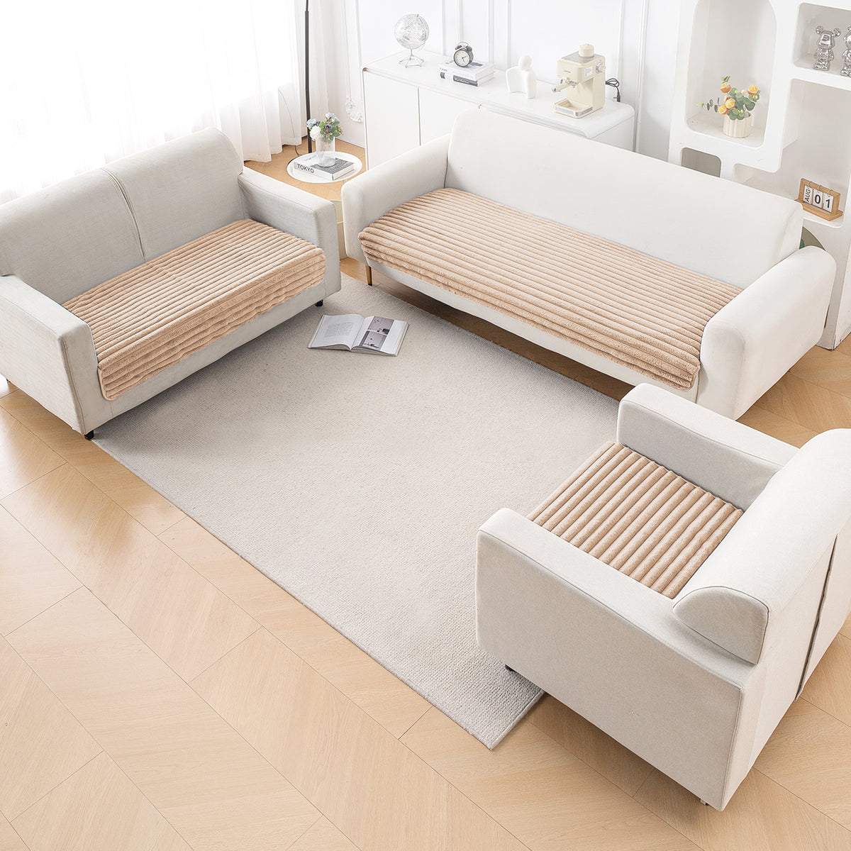 Faux Rabbit Fur Sofa Cover Combination Set, 'Snuggle Fur Series' Sand Brown