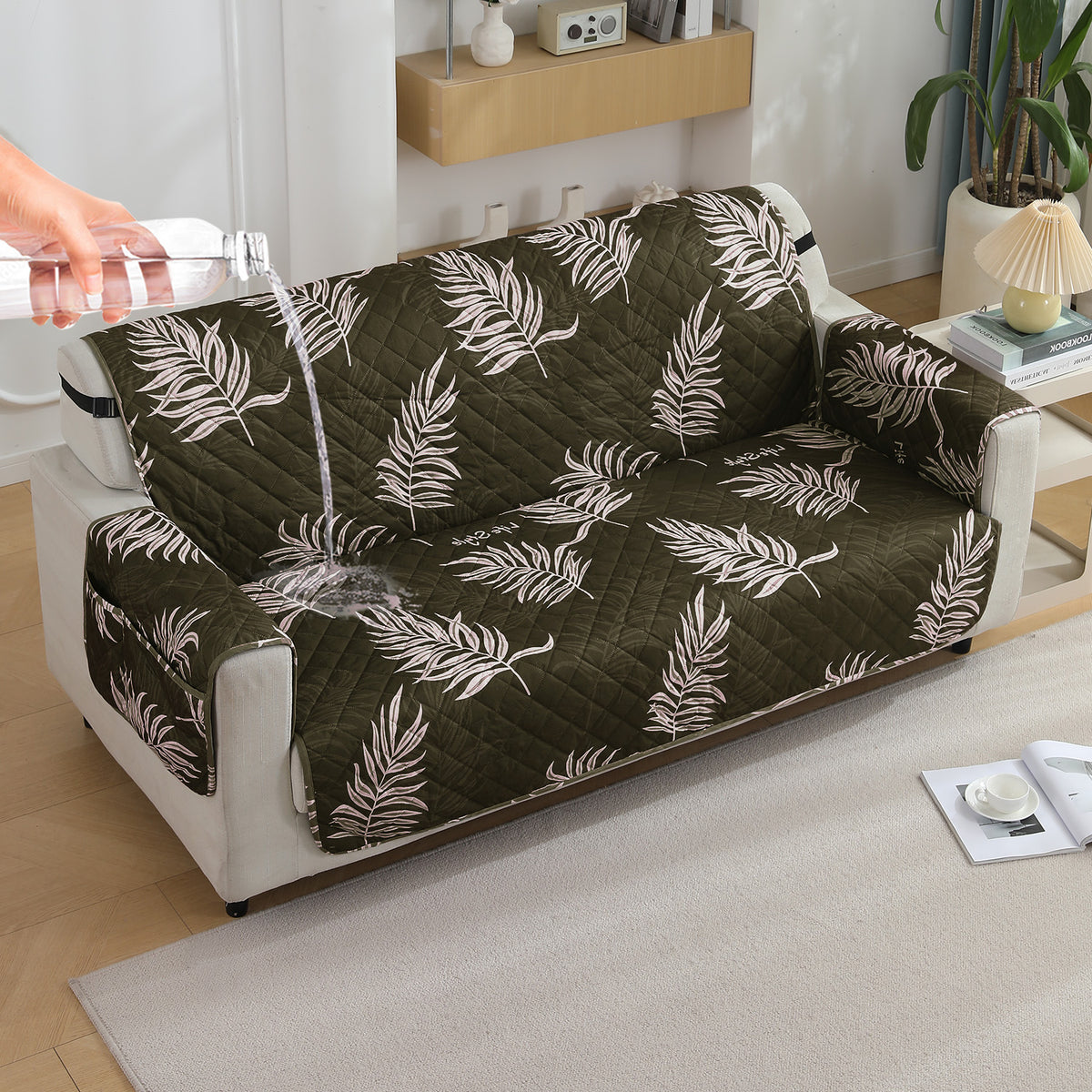 Quilted Waterproof Sofa Cover Mat with Pockets on Armrest Cover - Palm Leaves Olive