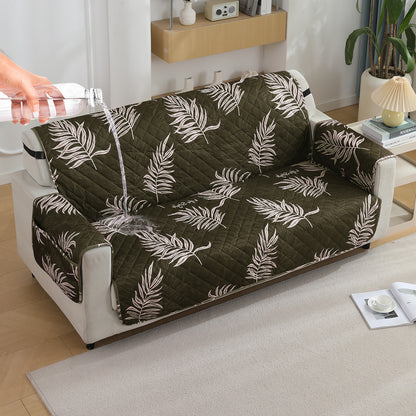 Quilted Waterproof Sofa Cover Mat with Pockets on Armrest Cover - Palm Leaves Olive