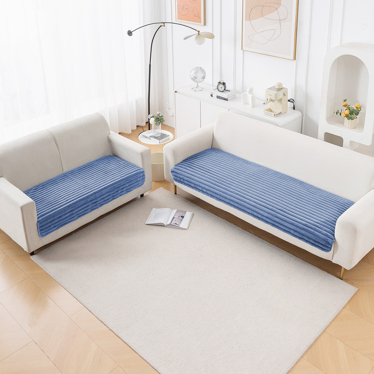 Faux Rabbit Fur Sofa Cover Combination Set, 'Snuggle Fur Series' Denim Blue