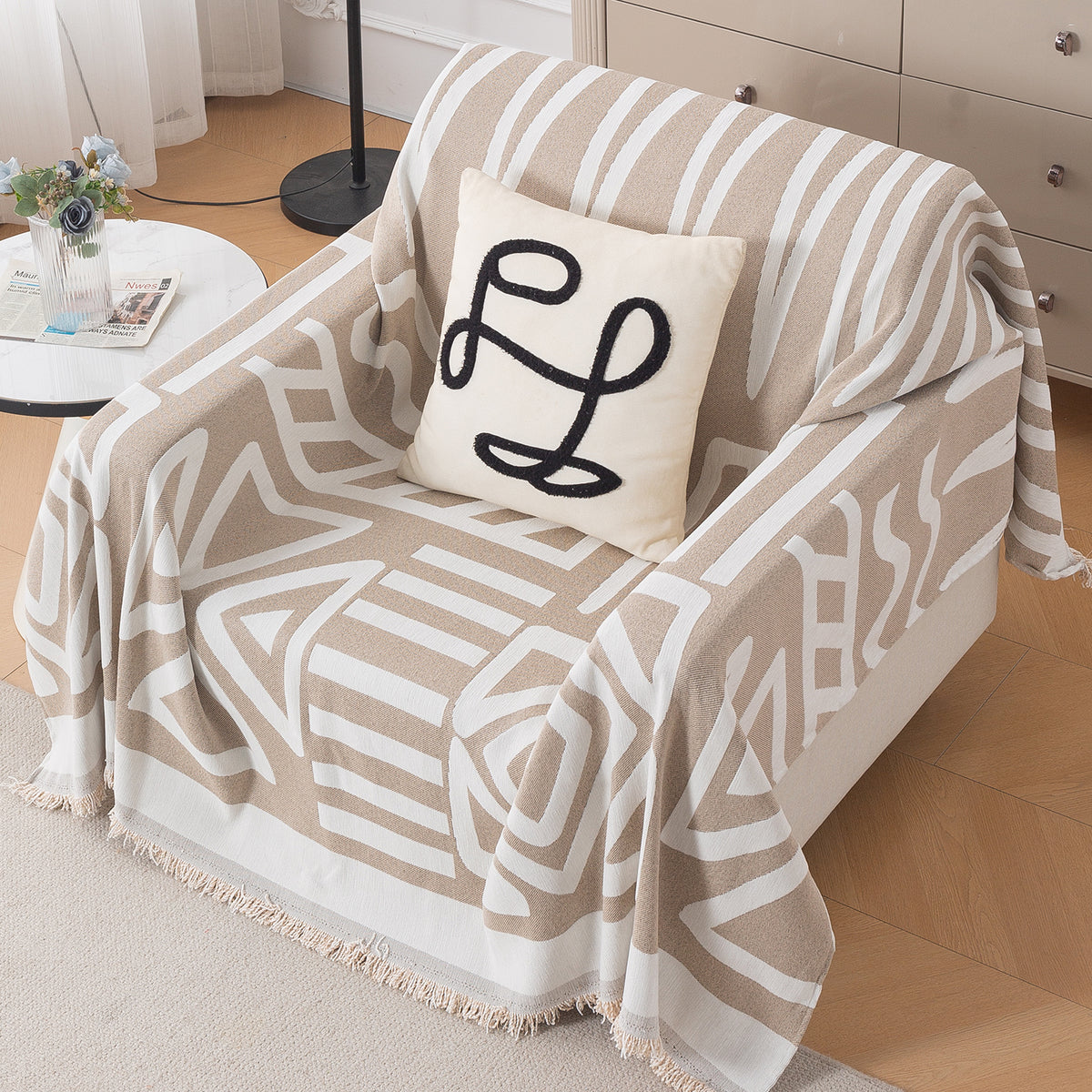 Urban Tribe Premium Chenille Fabric Sofa Cover Throw, Beige