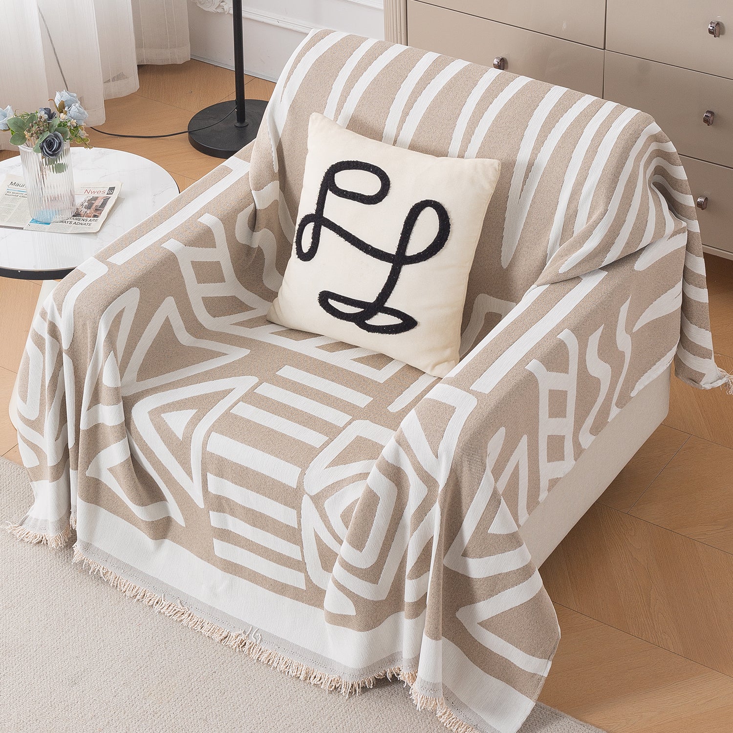 Urban Tribe Premium Chenille Fabric Sofa Cover Throw, Beige