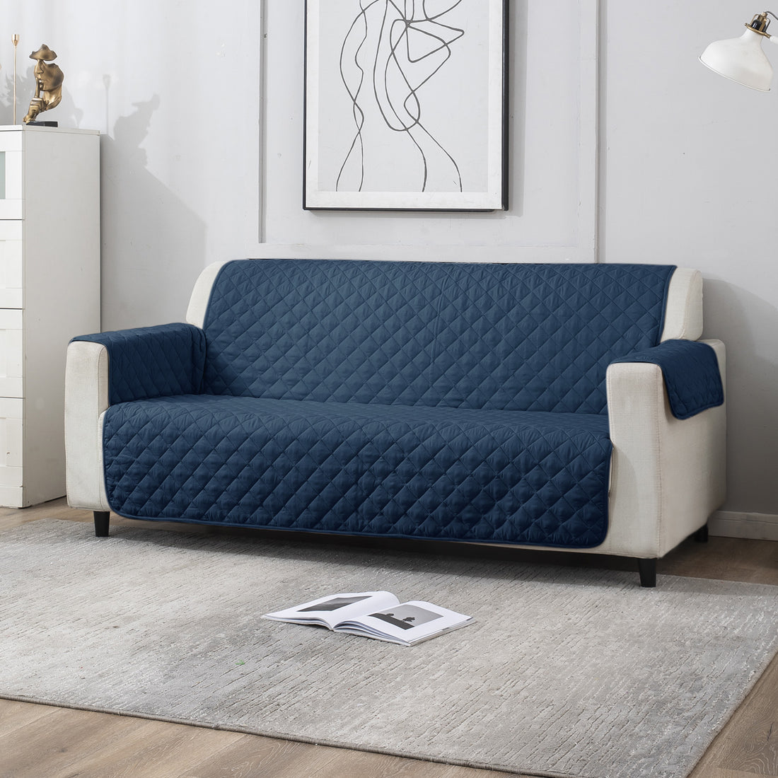3 Seater Navy Blue quilted sofa cover