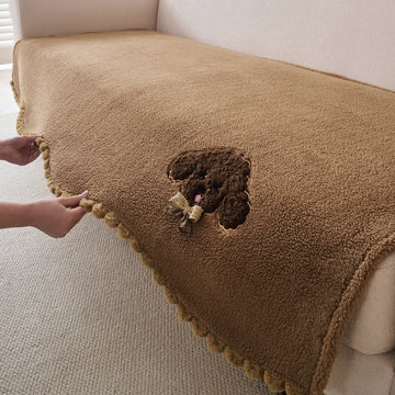 CloudHug Plush Sofa Cover Mat with PomPom and Wavy Edges, Mocha Cocoa