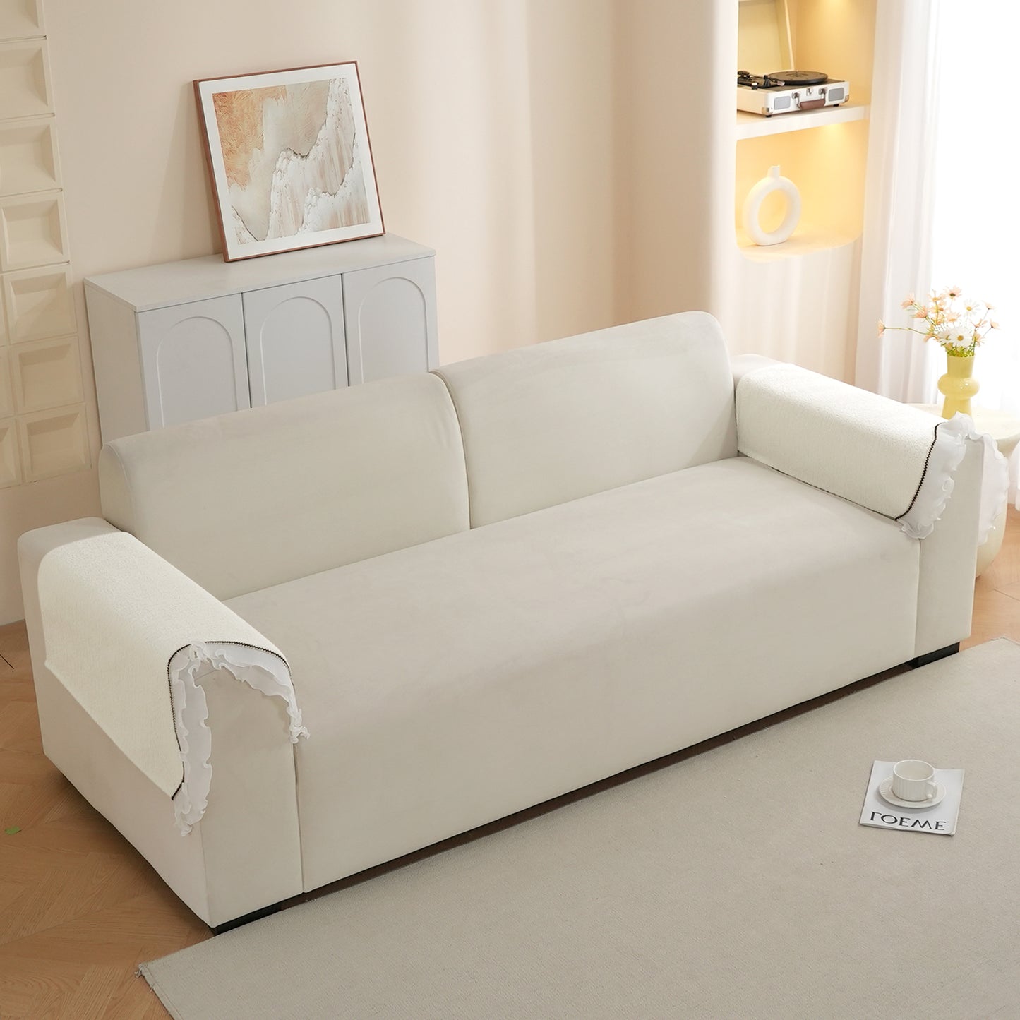 French Classic Frill Wavy Sofa Cover Mat, Snow White Ivory
