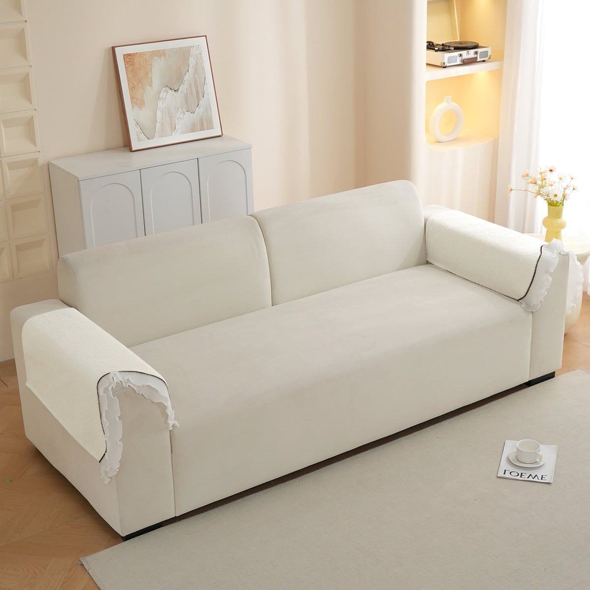 French Classic Frill Wavy Sofa Cover Mat, Snow White Ivory