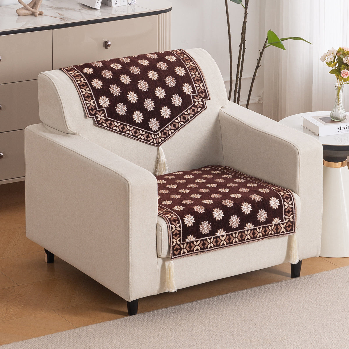Heritage Weave Premium Jacquard Sofa Cover Set with Tassels - Coffee Brown