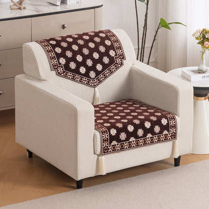 Heritage Weave Premium Jacquard Sofa Cover Set with Tassels - Coffee Brown