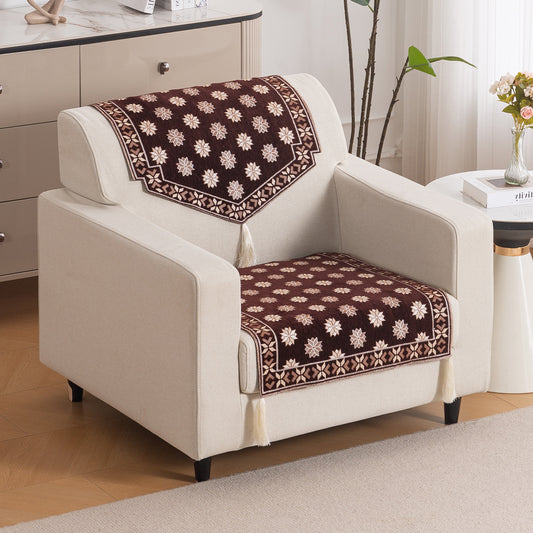 Heritage Weave Premium Jacquard Sofa Cover Set with Tassels - Coffee Brown