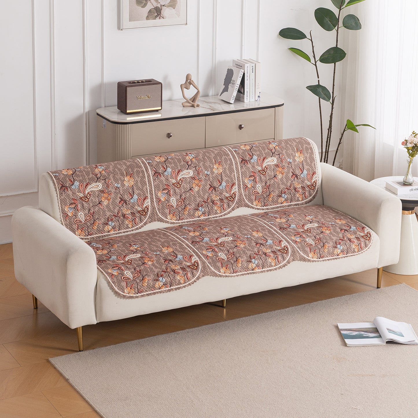 HeavenHue Fleece Soft Touch Quilted Sofa Cover Set Washable Sofa Panel for Seat & Bk - Vintage Bloom