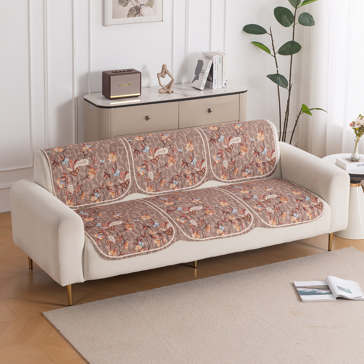 HeavenHue Fleece Soft Touch Quilted Sofa Cover Set Washable Sofa Panel for Seat & Bk - Vintage Bloom